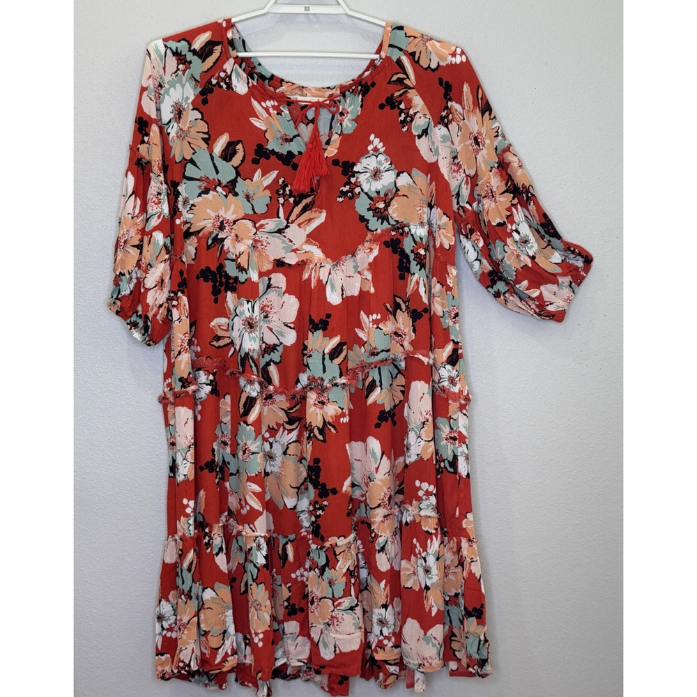 Easel Tiered Dress Size Small Orange Floral Print 3/4 Balloon Sleeve Tie V-Neck